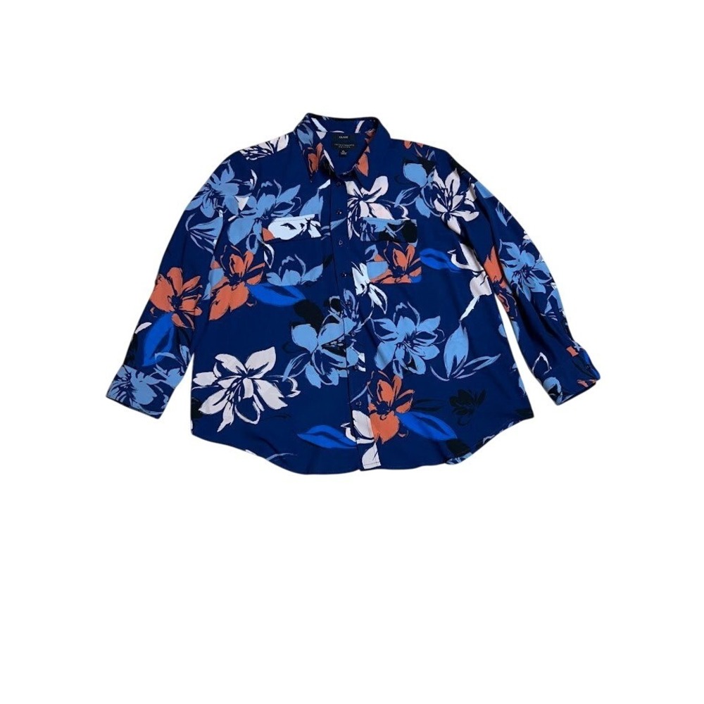 Investments Petites Olivia Blue Floral Button Down Shirt PL Long Sleeve Pocket